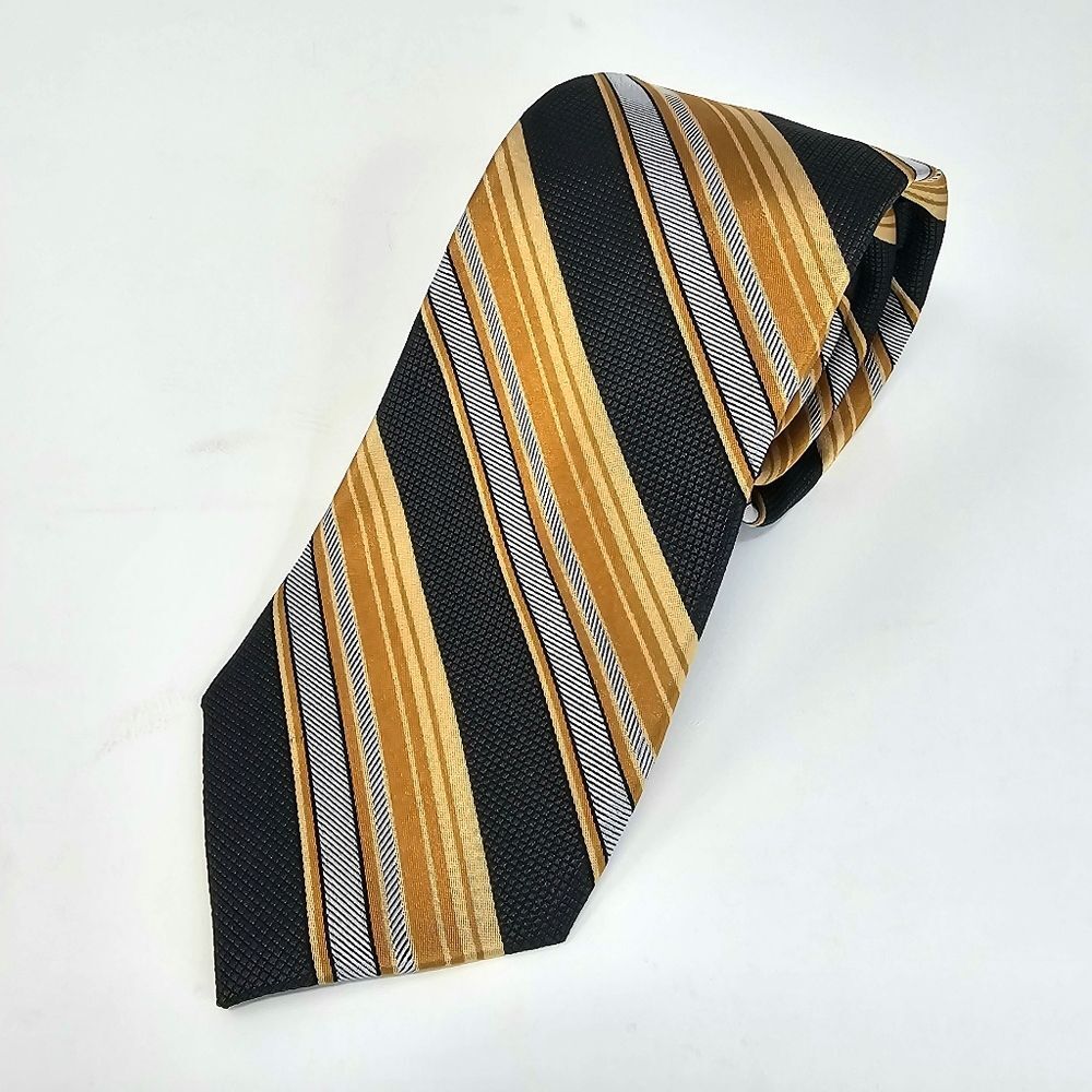 PAUL FREDRICK Black Gold Striped Silk Tie Classic Bold Old Money Retro